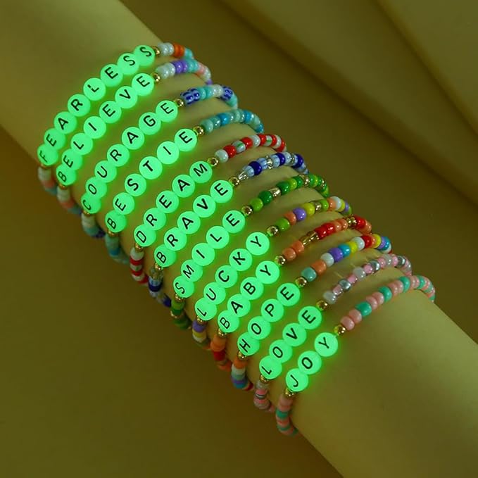 Amaney 1400pcs Letter Beads,Heart Beads Glow in The Dark 4x7mm A-Z Round Acrylic White Alphabet with Elastic Beading Cord for Jewelry Bracelet Making