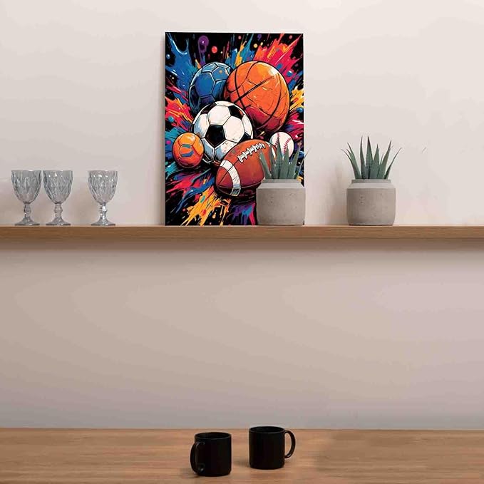 Sports Ball Paint by Numbers Kit for Adults Beginners on Canvas,Football,Basketball,Soccer,Baseball DIY Oil Painting Crafts Acrylic Paintwork for Home Wall Decor Gifts 16X20 Inch(Frameless)
