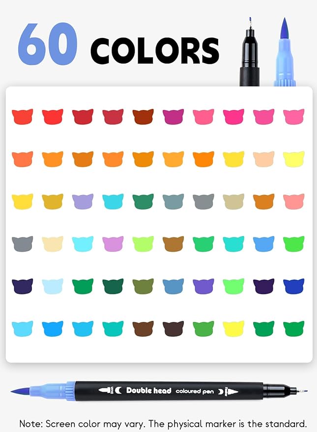 60 Colors Dual Tip Brush Pens, Fine Felt Tip and Brush Tips Colored Pens for Adults, Coloring Markers for Coloring Book Bullet Journaling Note Taking Hand Lettering
