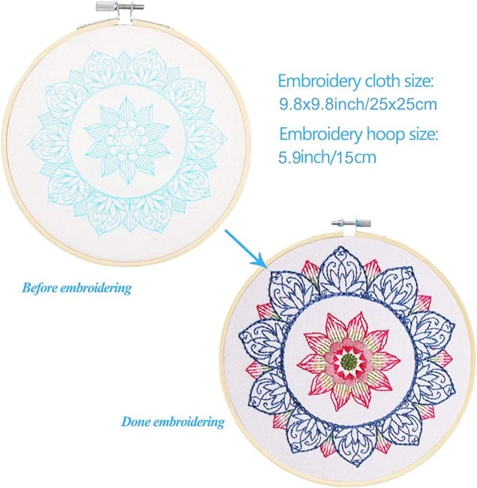 KISSBUTY Full Range of Embroidery Starter Kit with Pattern, Cross Stitch Kit Including Embroidery Fabricwith Floral Pattern, Bamboo Embroidery Hoop, Color Threads and Tools Kit (Blue Mandala)