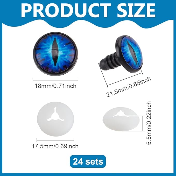 PH PandaHall 24 Sets Glow in The Dark Safety Eyes, 18mm Luminous Plastic Safety Craft Eye Dragon Eye Crochet Eyes Blue Eye Cabochons Safety Eye with Washers for Crochet Stuffed Animal Teddy Bear Decor