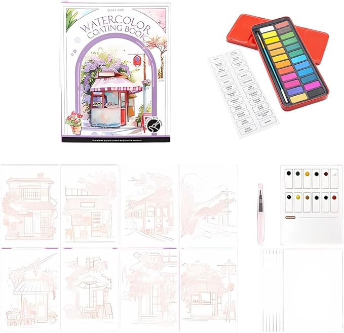 RGBMIX Watercolor Coloring Book for Adults Stress Relief Foldable Painting Pad with 24-Color Paint (Quiet Time)