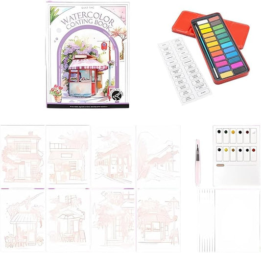 RGBMIX Watercolor Coloring Book for Adults Stress Relief Foldable Painting Pad with 24-Color Paint (Quiet Time)