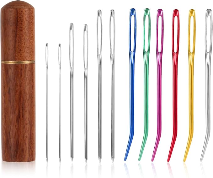 12pcs Large Eye Sewing Needles Kit, Aluminum Large-Eye Blunt Needles with Bent Tapestry Needles & Wooden Needle Case Hand Knitting Needles for Crochet Quilting Beading Projects