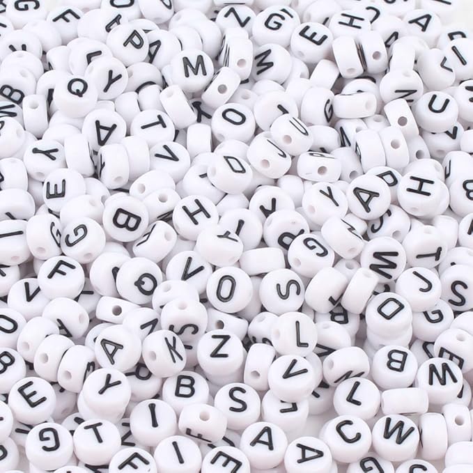 Song Xi 1200pcs White Round Acrylic Alphabet Beads - Black Letter Beads 4x7mm for Bracelets and Jewelry Making Key Chains