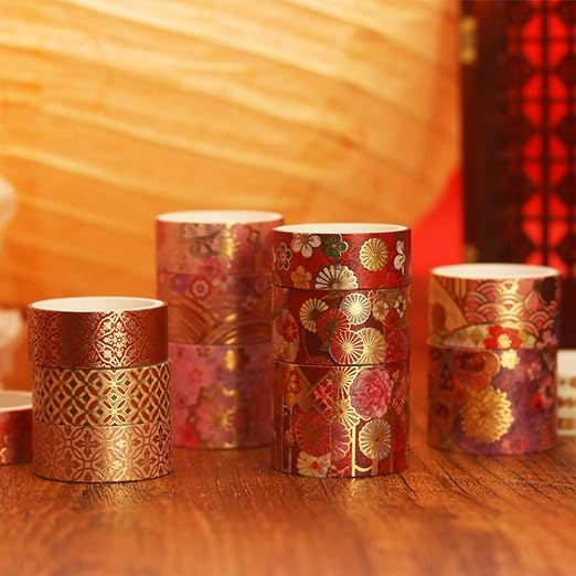 YUBBAEX Splendid Gold Washi Tape Set Embroidery Pattern Foil Decorative Tapes for Arts, DIY Crafts, Journal Supplies, Planners, Scrapbook, Gift Wrapping 15 Rolls (Fierce Flowers)