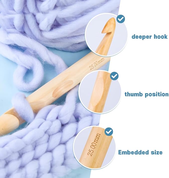 Wooden Crochet Hooks, 25mm Wooden Handle Crochet Hook Bamboo Knitting Crochet Needles with 10 pcs Knitting Stitch Markers for Handcraft Crocheting