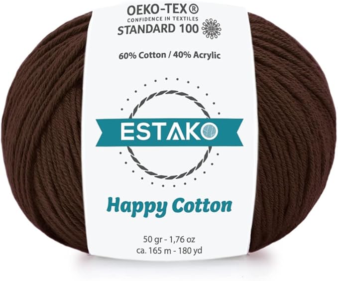 Estako Happy Cotton, 60% Cotton 40% Acrylic Yarn, Soft, Fine/Sport (2) for Crochet and Knitting 1.76 Oz (50g) / 180 Yrds (165m) (4410 - Brown)