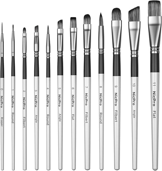 Nicpro 12PCS Artist Paint Brush Set, Craft Paint Brushes for Acrylic Painting, Oil, Watercolor, Gouache, Tempera, Face, Body, Fabric, Leather, Model, Art Supplies Paintbrushes for Artists Beginners