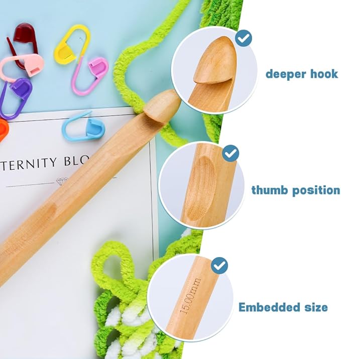 Wooden Crochet Hooks, 15mm Wooden Handle Crochet Hook Bamboo Knitting Crochet Needles with 10 pcs Knitting Stitch Markers for Handcraft Crocheting