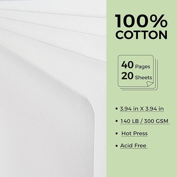 Watercolor Journal - 100% Cotton Hot Press Paper | 20 Sheets 40 Pages | 300GSM (140lb) | PU Leather Cover Watercolor Sketch Books for Artists Painting,Mixed Media 3.9 in x 3.9 in