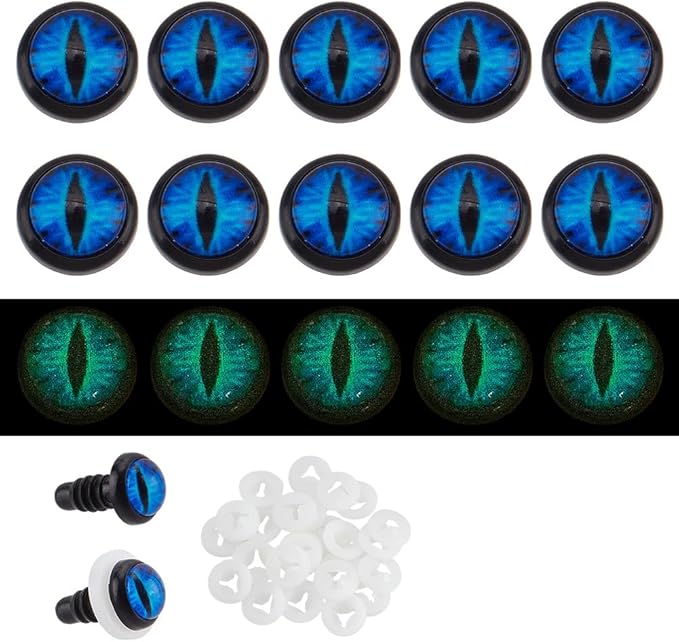 PH PandaHall 24 Sets Glow in The Dark Safety Eyes, 10mm Eye Cabochons Dragon Eye Blue Luminous Plastic Safety Craft Eye Crochet Eyes Safety Eye with Washers for Crochet Stuffed Animal Teddy Bear Decor