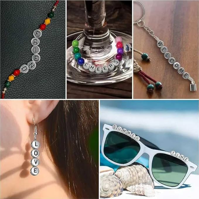 Song Xi 1200pcs Silver Letter Beads for Bracelets, 4x7mm Black Alphabet Beads Friendship Bracelets Jewelry Making Kit for Christmas Gifts