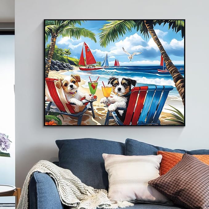 EIBEILI Adult Diamond Painting Set - Beach Puppy Diamond Painting Set, 5D Diamond Painting, DIY Full Diamond Painting Gemstone Craft 11.8x15.7 inches