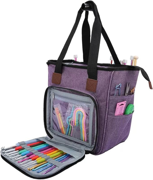 ZBEZBE Knitting & Crochet Tote Bag, Multi-Pocket Yarn Storage Organizer, Portable Yarn Holder for Knitting Needles, Crochet Hooks, Yarn Skeins & Craft Supplies