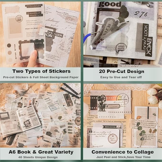 40 Sheets Vintage Washi Stickers Book for Adults, Junk Journal Book Ephemera with 180pcs Film Stickers and 20 Adhesive Scrapbooking Papers, Bullet Journaling Scrapbook Supplies