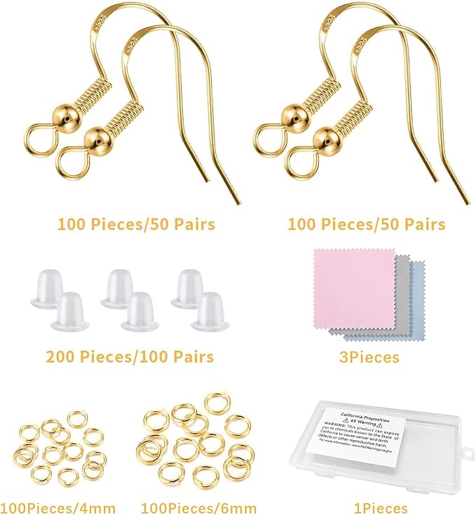 925 sterling silver earring hooks 200 pcs, gold earring hooks for jewelry making, hypoallergenic fish hook earrings making kit, diy earring, with 200pcs earring backs and 200pcs jump rings
