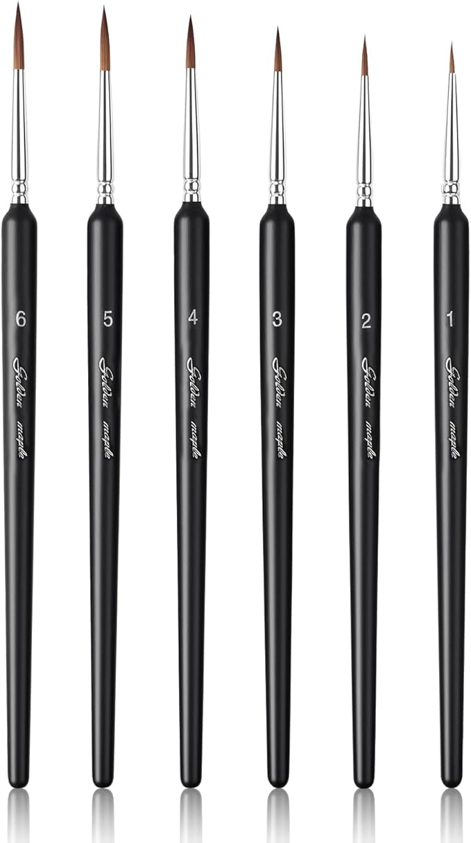 Professional Sable Hair Detail Paint Brush Set - 6 Miniature Art Brushes for Fine Detailing & Art Painting - Acrylic, Watercolor, Oil - Miniatures, Models, Black