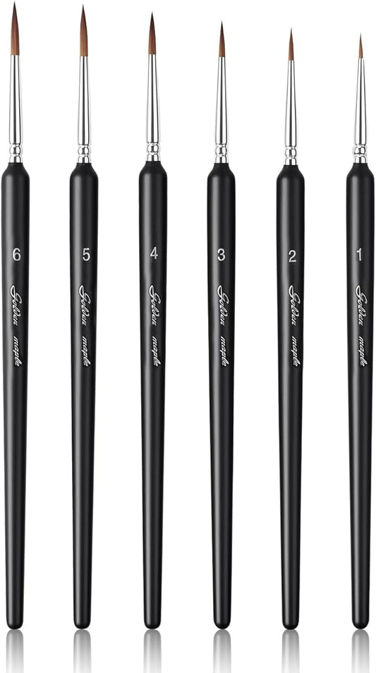 Professional Sable Hair Detail Paint Brush Set - 6 Miniature Art Brushes for Fine Detailing & Art Painting - Acrylic, Watercolor, Oil - Miniatures, Models, Black