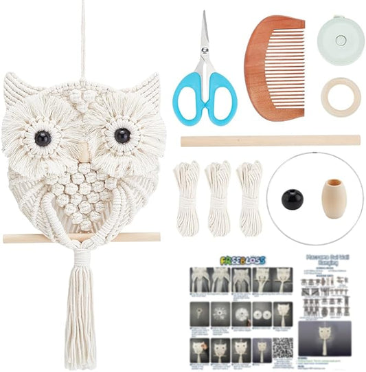 FREEBLOSS Macrame Owl Kit for Beginners Macrame Wall Hanging Kit DIY Macrame Kit with Video Tutorial Macrame Hanging Decor for Adults Gift, Naturally white
