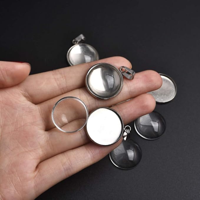 DROLE 60Pcs 20mm Stainless Steel Pendant Trays Kit-30Pcs Jewelry Blanks with Pinch Clip Clasp and 30Pcs Glass Cabochons for Jewelry Making DIY Crafts