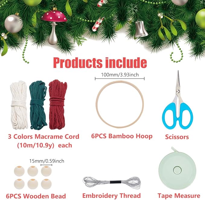 ACRNIGHEET 6 PCS Macrame Kit for Adults Beginners Boho Wall Hanging Decor for Christmas Tree with Instruction Handmade Xmas Tree Home Decoration Kit for Holiday Wall Hanging