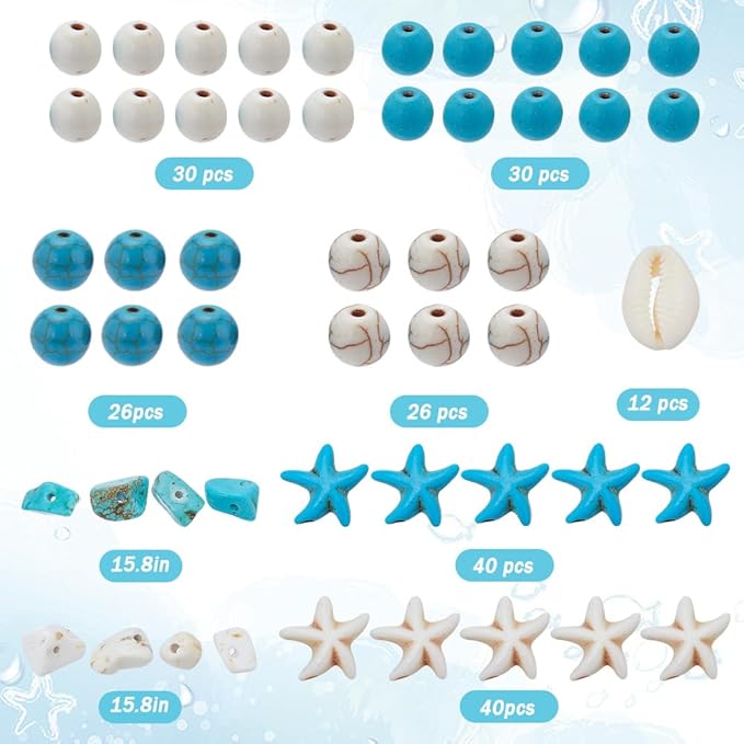SUNNYCLUE 1 Box About 300Pcs Bohemian Style Starfish Beads Blue White Natural Shell Beads Summer Ocean Animal Starfish Seashell Charms 6mm 8mm Chip Spacers for Jewelry Making Kits