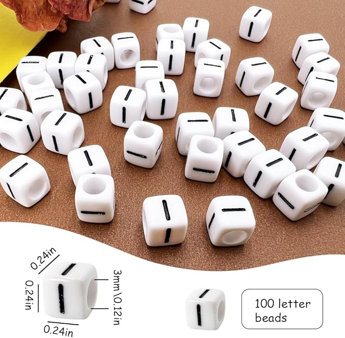 MIIIM 100pcs Pony Beads Letter I for Keychains Making, 6x6mm Large Hole Square Letter Beads for Bracelets Making, Alphabets, Numbers (White and Black)