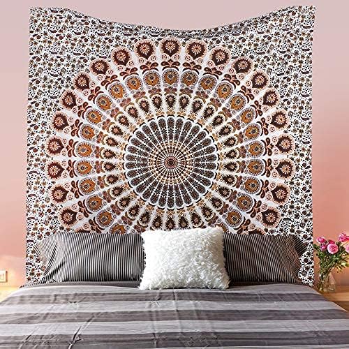 bless international handmade indian hippie bohemian psychedelic peacock mandala wall hanging college dorm beach throws table cloth bedding tapestry (orange brown, king(88x104inches)(225x265cms))