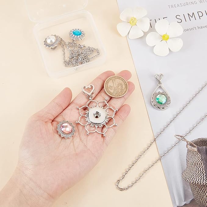 NBEADS 304 Stainless Steel Interchangeable Necklace Making Kit, DIY Jewelry Charms Alloy Hang Snap Base Pendants & Button Charms for Necklaces & Bracelets DIY Accessories