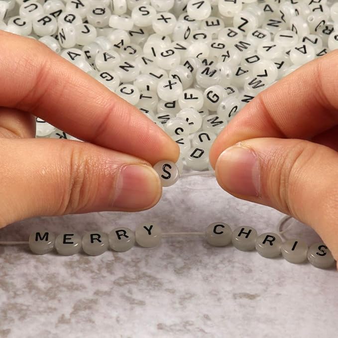 Yochus 1000pcs Translucent White UV Round Acrylic Alphabet Beads Glow in The Dark 4x7mm Black Letter A-Z Beads for Jewelry Making and DIY Bracelets, Necklaces, Key Chains