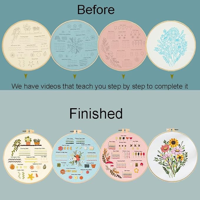 Sutesloly Hand Embroidery Kit for Beginners, 4 Sets Learn to Floral Patterns Simple Beginner Starter kit for Adults, 33 Stitches Easy Embroidery Practice Kit, 7.8inch Hoop, DIY Craft Gift for Women