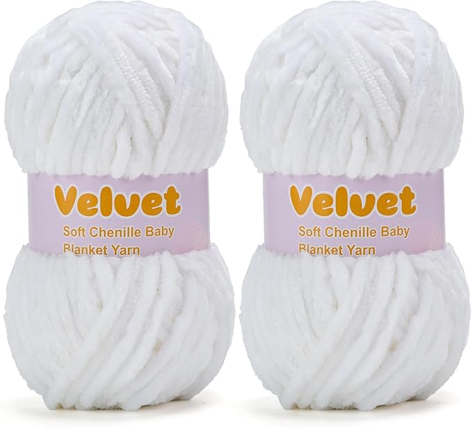 Velvet Yarn Chenille Yarn for Crocheting and Knitting Soft Chenille Bulky Baby Blanket Yarn DIY Weaving Craft 2pack White(4oz 66yds Each)
