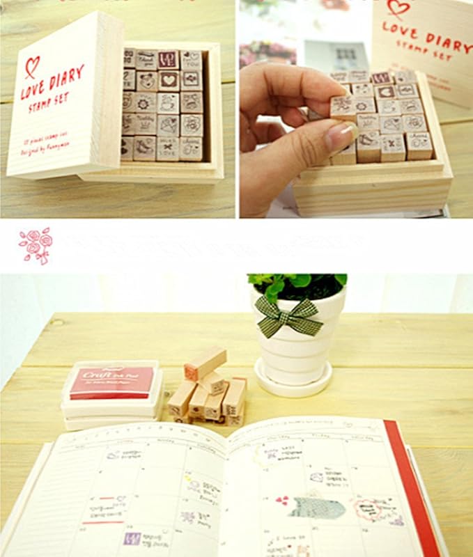 Diary Stamp Set,Wooden Rubber Signet for Children DIY Scrapbooking Planner Card Making(25pcs,Love Heart)