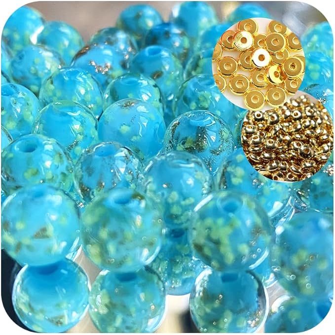 8mm 200pcs Glow in The Dark Glass Beads with Holes for Jewelry Making Bracelets Earrings Necklace Bulk Lampwork Solar Unique DIY Crafts Gold Spacer Beads Kit(100pcs Beads+100pcs Spacer)