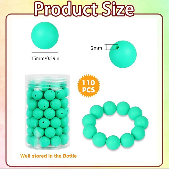 110 Pcs Silicone Focal Beads, EVERMARKET 15mm Silicone Beads for Keychain Making, Round Silicone Beads Bulk with Bottle, Rubber Loose Beads for Pens Crafts Necklace Bracelet Lanyard (Emerald Green)