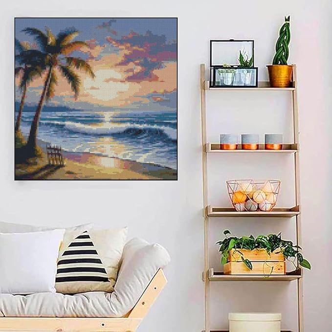 beach sunset stamped cross stitch kits - tree counted cross stitch kits for beginners adults needlepoint cross-stitch patterns dimensions needlecrafts embroidery kits arts and crafts 13.7x13.7 inches