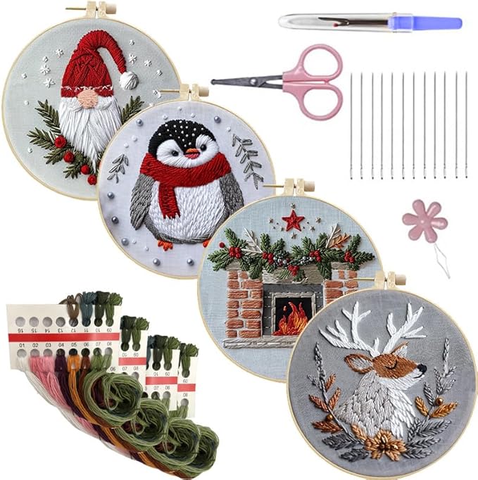LB Christmas Gnome Embroidery Kit for Beginners: 4-Piece Cross Stitch Set with Penguin, Deer, Green Plant & Fireplace | Adults DIY Starter Kit Includes Hoop, Threads, Tools and Instructions