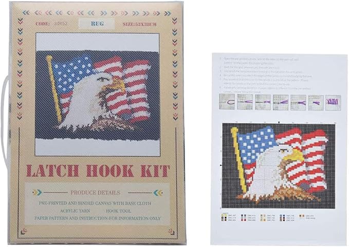 QJBMEI Latch Hook Rug Kits for Adults with Printed American Flag Canvas DIY Tapestry Kits Rug Making Kit Crocheting Embroidery Set 20.5" X 15",American Flag,52×38CM