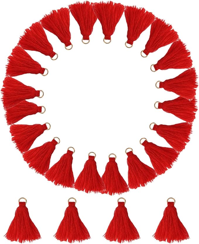 MSCFTFB 100 Pieces Mini Tassels Mala Tassel Kit with Jump Rings for Earring Necklace Jewelry Making Garland Keychain Charms Crafts Decorations(Red)