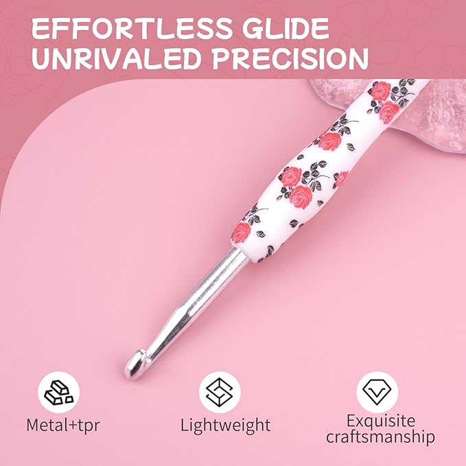 Weabetfu Crochet Hook Set 14Pcs Hand-Rubber Crochet Needles 2.25mm(B)-10mm(N) Streamline Crochet Hooks for Arthritic Hands Rose Metal Knitting Needles with Storage Case