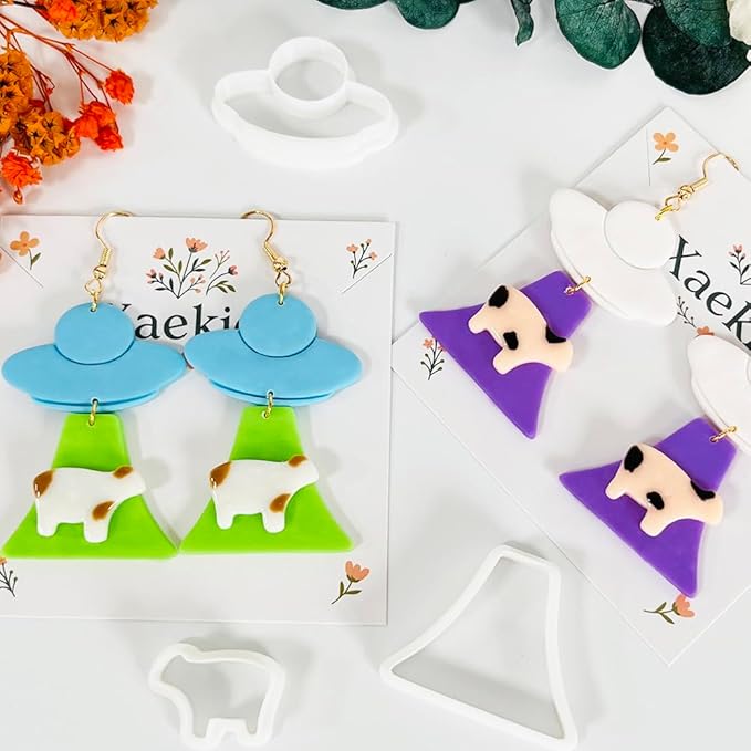 Xaekicr UFO Cow Polymer Clay Cutters Set - 3Pcs Alien Theme Clay Cutters for Earrings, Polymer Clay Molds, Halloween Clay Tools