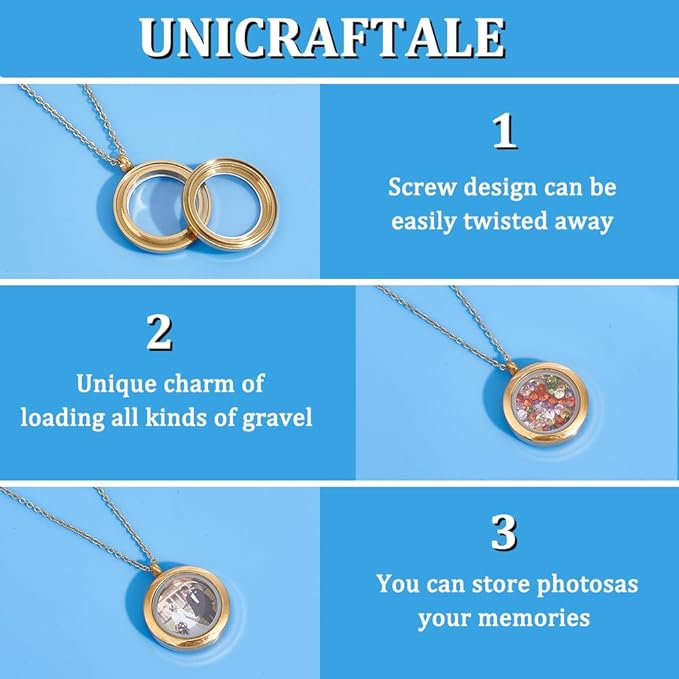 UNICRAFTALE 2 Sets Stainless Steel Memory Locket Necklace Golden Flat Round DIY Picture Photo Necklace Making Kit Memory Necklace with Crystal Double Sided Frame Glass Container Floating Charms