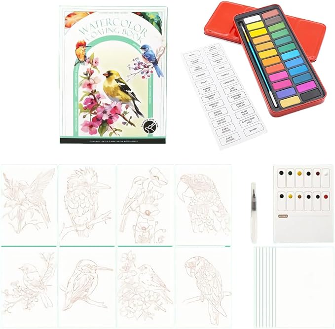 RGBMIX Watercolor Coloring Book for Adults Stress Relief Foldable Painting Pad with 24-Color Paint (Flower and Bird)