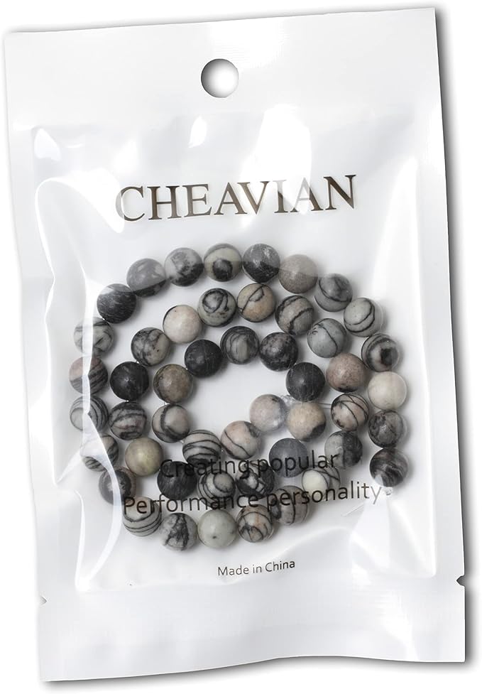 cheavian 45pcs 8mm natural black network zebra stone round loose beads for jewelry making diy bracelet necklace materials 1 strand 15"