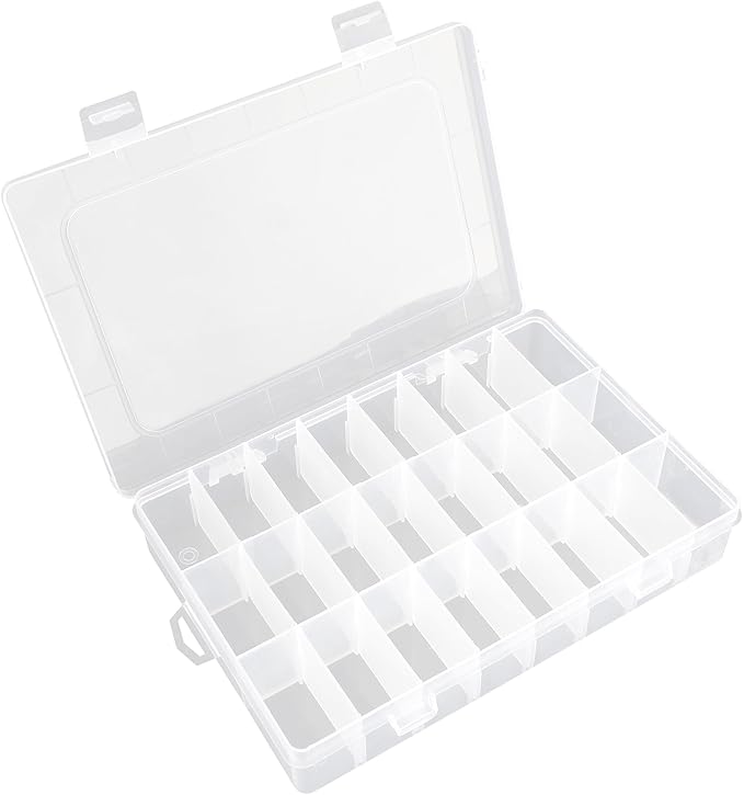 OALCQ 24 Grids Plastic Organizer Box With Dividers Clear Craft Storage Bead Organizer Box Earring Travel Pill Jewelry Organizers Storage Boxes Screw Seed Small Parts Hair Tie