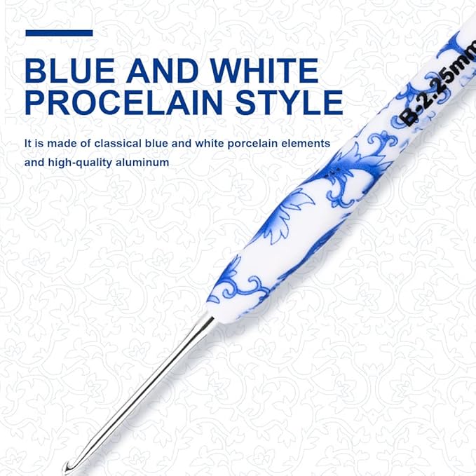 BCMRUN 2.25 mm(B) Crochet Hook, Ergonomic Handle for Arthritic Hands, Blue and White Porcelain Pattern Soft Rubber Grip Extra Long  Knitting Needles for Beginners and Crocheting Lover (2.25mm-B)