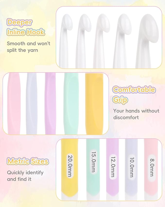 Aeelike Crochet Hooks 8mm, 10mm, 12mm,15mm, 20mm, Ergonomic Crochet Hooks Set with Large Rubber Handle for Chunky Yarn Weaving Blanket DIY Crafts,Ideal Gift