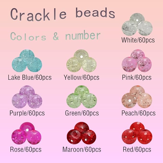 600pcs Assorted-Color 8mm Crackle Glass Beads-Handcrafted Round Lampwork Smooth Loose Beads for Bracelet & Adult Jewelry Making and Professional Crafting