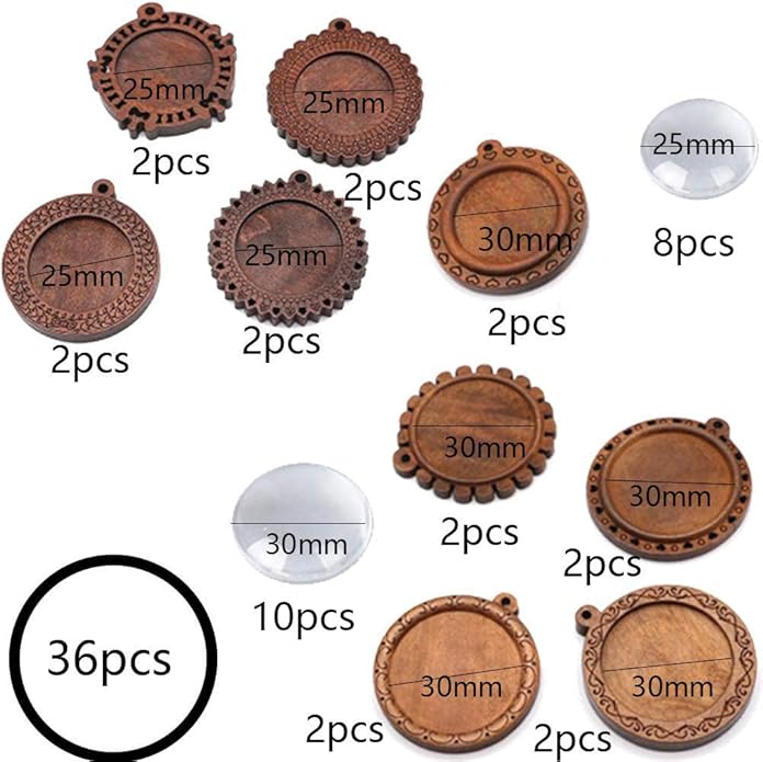 DAHI 36pcs Brown Wood Bezel Round Wooden Pendants Trays Bezels 9 Styles Bezels Pendant Trays with Cabochon Pendant for DIY Photo Jewelry Making Crafts